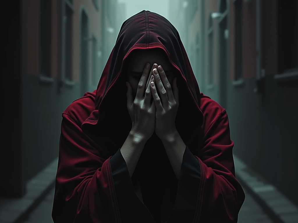  peter weeping bitterly, hands covering face, desolate alleyway, tears flowing, darkness, sorrow, repentance, loss. the style is dark fantasy and mysterious occult, symbolic, moody lighting, esoteric vibe,high detail on character design. for the color scheme emphasize blacks and reds.