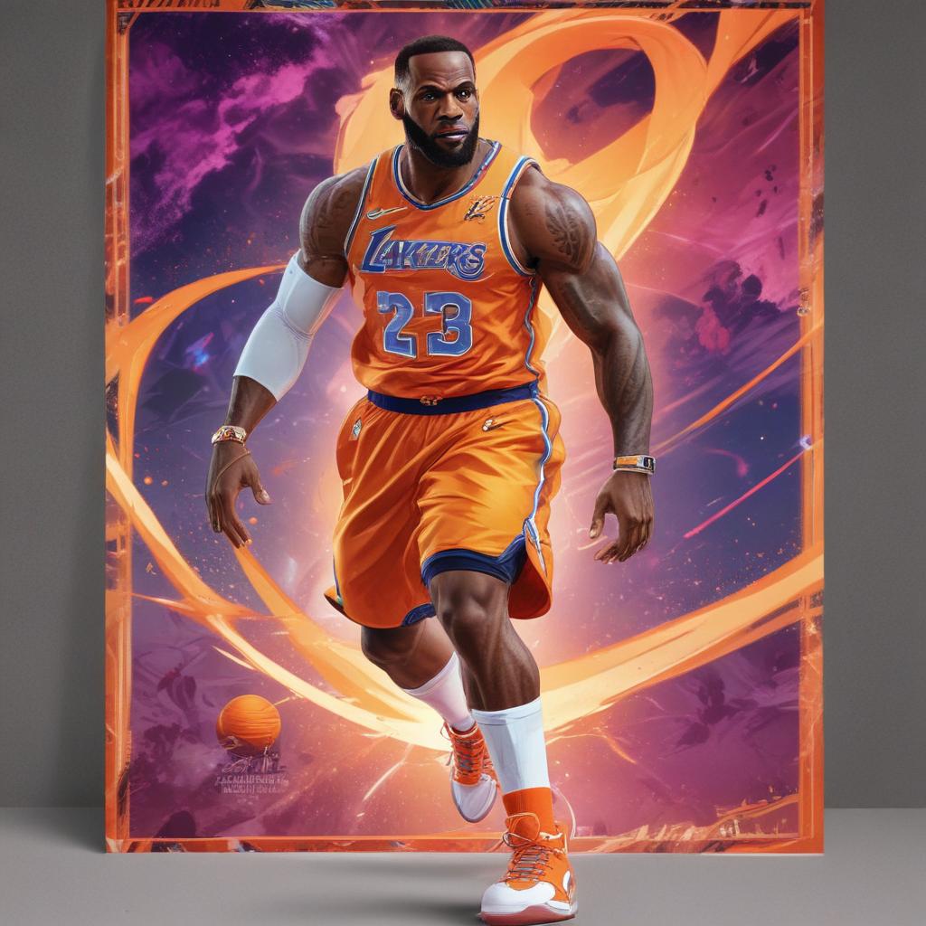 distance-shot, flashy, full-body, dynamic, holographic, animated cartoon poster of lebron james in the style of dragon ball super