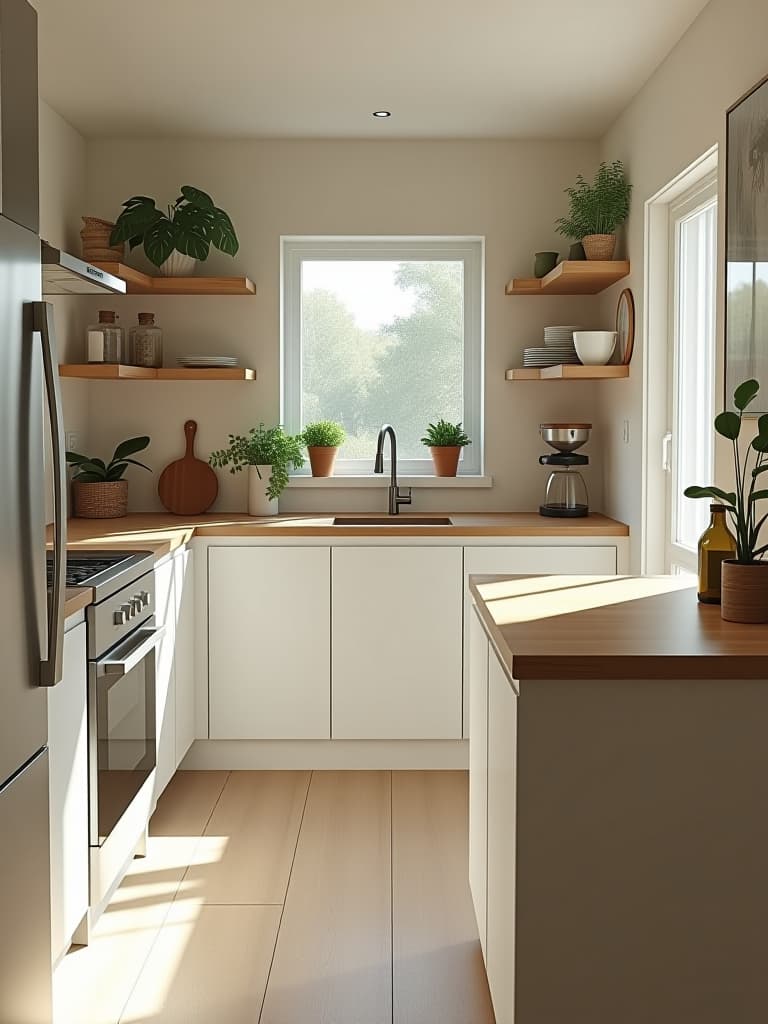  a portrait photo of a bright, airy small kitchen with budget friendly appliances and storage solutions, featuring a compact island and open shelving, shot from a high angle hyperrealistic, full body, detailed clothing, highly detailed, cinematic lighting, stunningly beautiful, intricate, sharp focus, f/1. 8, 85mm, (centered image composition), (professionally color graded), ((bright soft diffused light)), volumetric fog, trending on instagram, trending on tumblr, HDR 4K, 8K