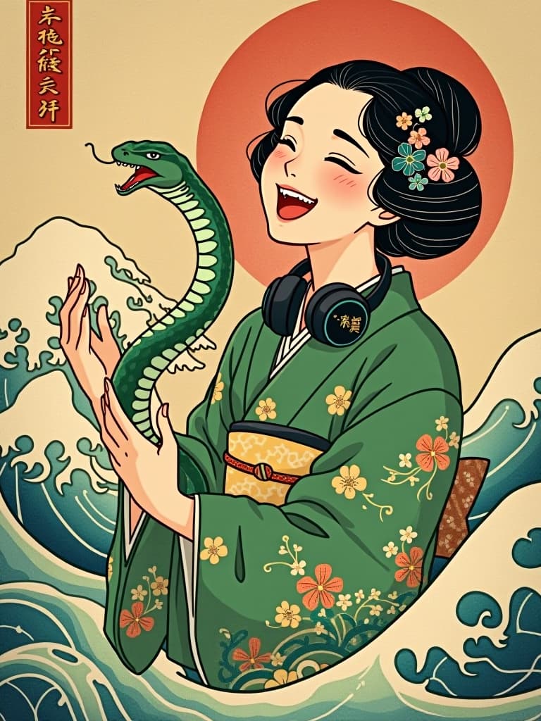  (((green snake:1.3))),(((hokusai katushika))),(((japanese art ukiyoe:1.8))),(((headphone around the neck:2.0))),very loud laugh,(((very joy:1.8))),(((green kimono:1.8)))