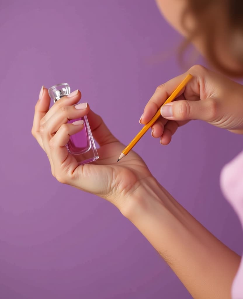  hdr photo of a woman applies a small amount of perfume on her wrist, hands, small pencil, applique, close up, on a lilac background . high dynamic range, vivid, rich details, clear shadows and highlights, realistic, intense, enhanced contrast, highly detailed