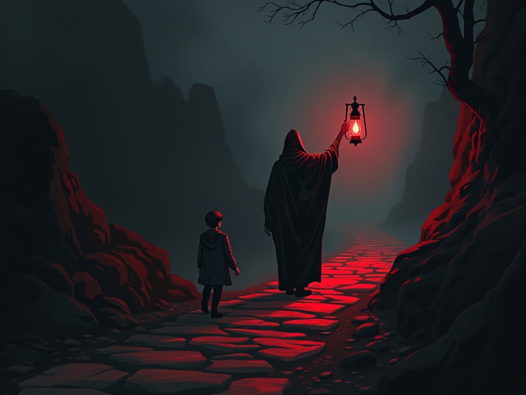  a robed guide leading an uncertain traveler along a narrow, winding path. lantern light piercing the darkness, guidance, transformative journey.. the style is dark fantasy and mysterious occult, symbolic, moody lighting, esoteric vibe,high detail on character design. for the color scheme emphasize blacks and reds.