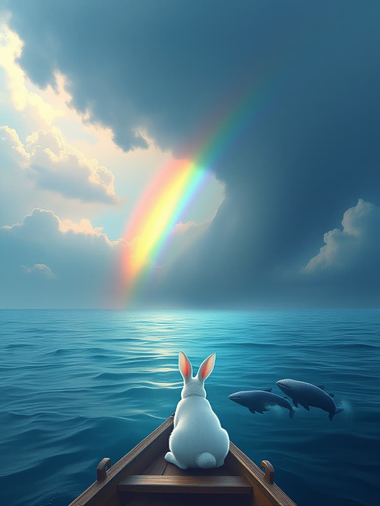  the storm slowly subsided, the sky was clear again, and a rainbow was raised by sea level rise at a distance. a little white rabbit on a boat, blue whales floating on a calm sea, with little whales jumping happily out of the water, and the beautiful and calm sea beneath the rainbow