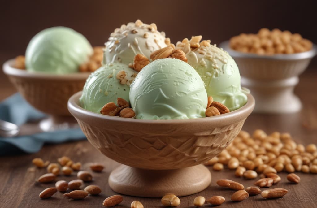 ice cream decorated with pine nuts --ar 3:2 high quality, detailed intricate insanely detailed, flattering light, RAW photo, photography, photorealistic, ultra detailed, depth of field, 8k resolution , detailed background, f1.4, sharpened focus