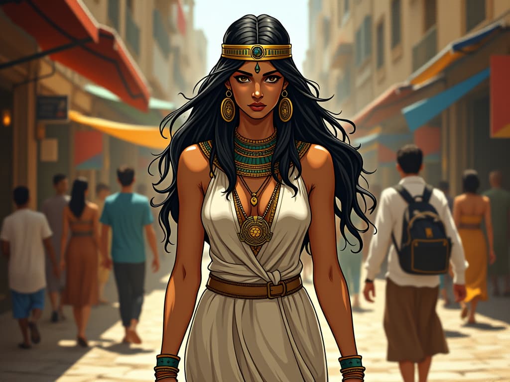  egyptian woman, large busted, in a tight linen dress, walking down a bustling street scene, face showing sudden sadness, symbolizing unexpected emotional wave. the style is digital art illustration / modern comic book / mysterious occult, symbolic, esoteric vibe,high detail on character design, incorporating ancient egyptian symbology and attire.