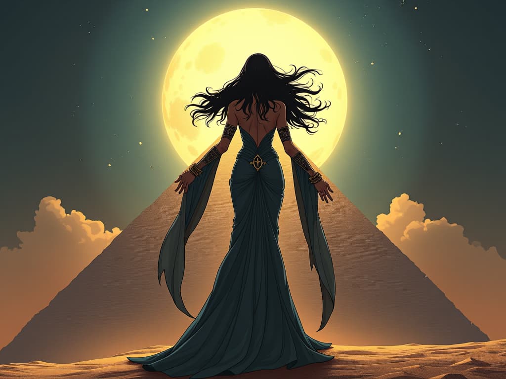  large busted priestess in a flowing, tight gown, standing atop a pyramid under the full moon, radiant and victorious, air of triumph and brilliance. the style is digital art illustration / modern comic book / mysterious occult, symbolic, esoteric vibe,high detail on character design, incorporating ancient egyptian symbology and attire.