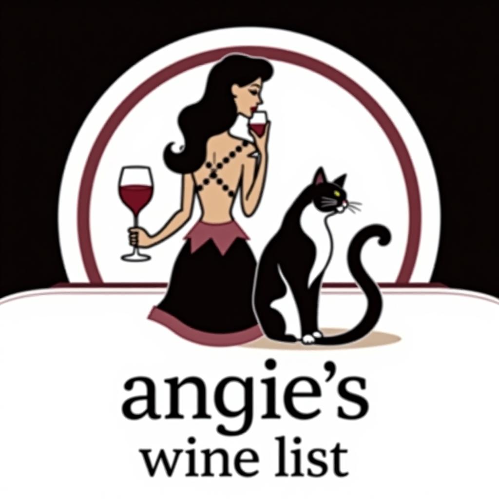  design a logo, a woman with a glass of wine and a black and white cat, with the text 'angie’s wine list'.