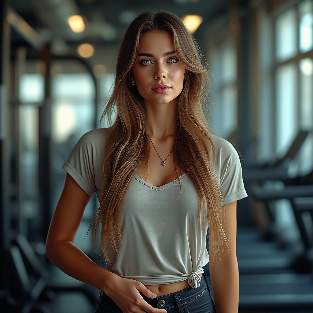  full realistic photo of european woman, clear complexion, green eyes, smooth long brown hair, cute lips, fourth breast, high, wearing legions and t shirt doing exercises in the gym photo realistic, highly intricate and detailed, masterpiece, ultra high res,photography,8k resolution