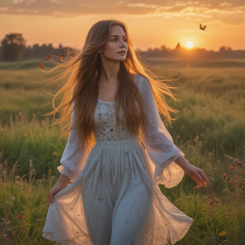 ((masterpiece)),(((best quality))), 8k, high detailed, ultra detailed, A girl with long flowing hair standing in a field, (butterflies flying around her), (sun setting in the background), vibrant colors, soft lighting hyperrealistic, full body, detailed clothing, highly detailed, cinematic lighting, stunningly beautiful, intricate, sharp focus, f/1. 8, 85mm, (centered image composition), (professionally color graded), ((bright soft diffused light)), volumetric fog, trending on instagram, trending on tumblr, HDR 4K, 8K