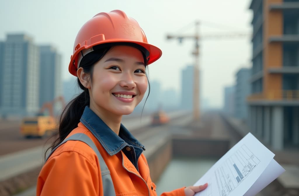  a chinese female engineer in a helmet and with blueprints at a construction site smiles, with a large construction site behind her. ar 3:2, (natural skin texture), highly detailed face, depth of field, hyperrealism, soft light, muted colors