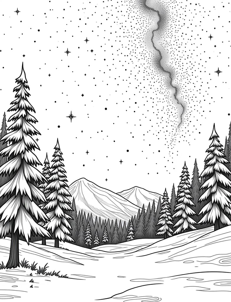  this is for an adult coloring page. a detailed black and white line art of a snowy winter stargazing scene with a clear view of the milky way on a solid white background.