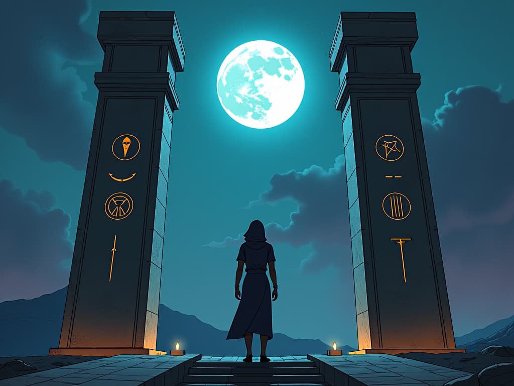  a person gazing at twin stone pillars under the moon, symbols of mutual respect and shared values etched into them, atmosphere of contemplation. the style is digital art illustration / modern comic book / mysterious occult, symbolic, esoteric vibe,high detail on character design, incorporating ancient egyptian symbology and attire.