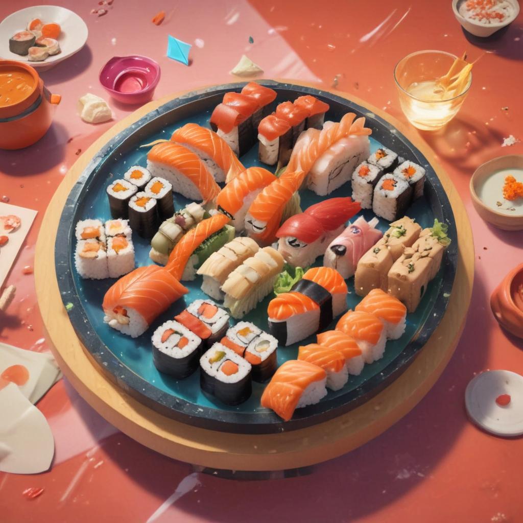 distance-shot, flashy, full-body, dynamic, holographic, animated cartoon poster of sushi scene in the style of dragon ball super