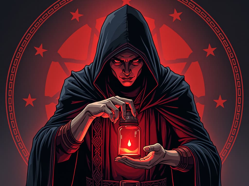  cautious handling of occult items, protective symbols in background, sense of careful consideration. the style is digital art illustration / modern comic book / graphic dark novel fantasy and mysterious occult, symbolic, moody lighting, esoteric vibe,high detail on character design. for the color scheme emphasize blacks and reds.