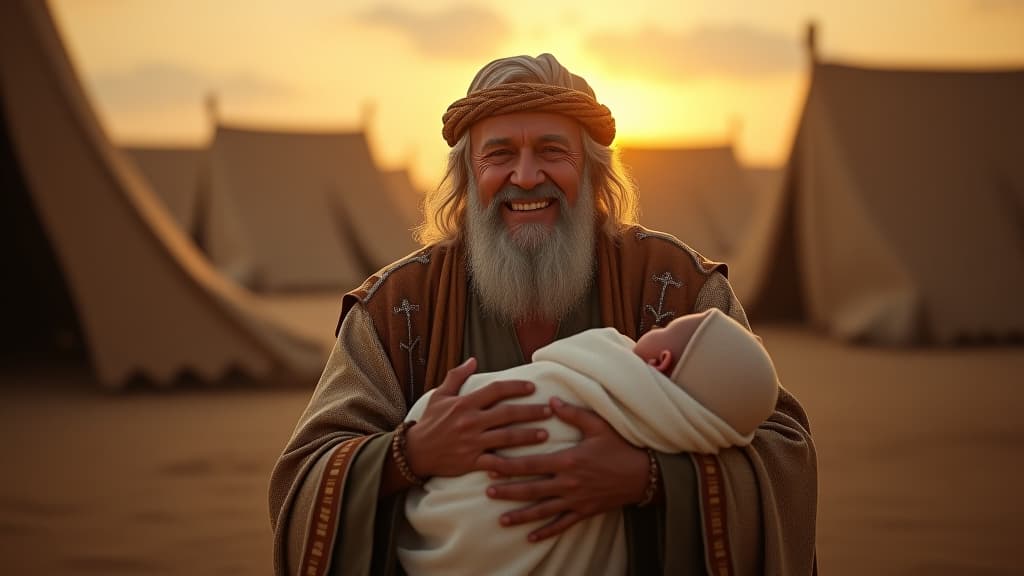  history of biblical times, abraham, at the age of 86, joyfully welcoming the birth of ishmael, surrounded by tents and other symbols of blessings biblically represented. hyperrealistic, full body, detailed clothing, highly detailed, cinematic lighting, stunningly beautiful, intricate, sharp focus, f/1. 8, 85mm, (centered image composition), (professionally color graded), ((bright soft diffused light)), volumetric fog, trending on instagram, trending on tumblr, HDR 4K, 8K