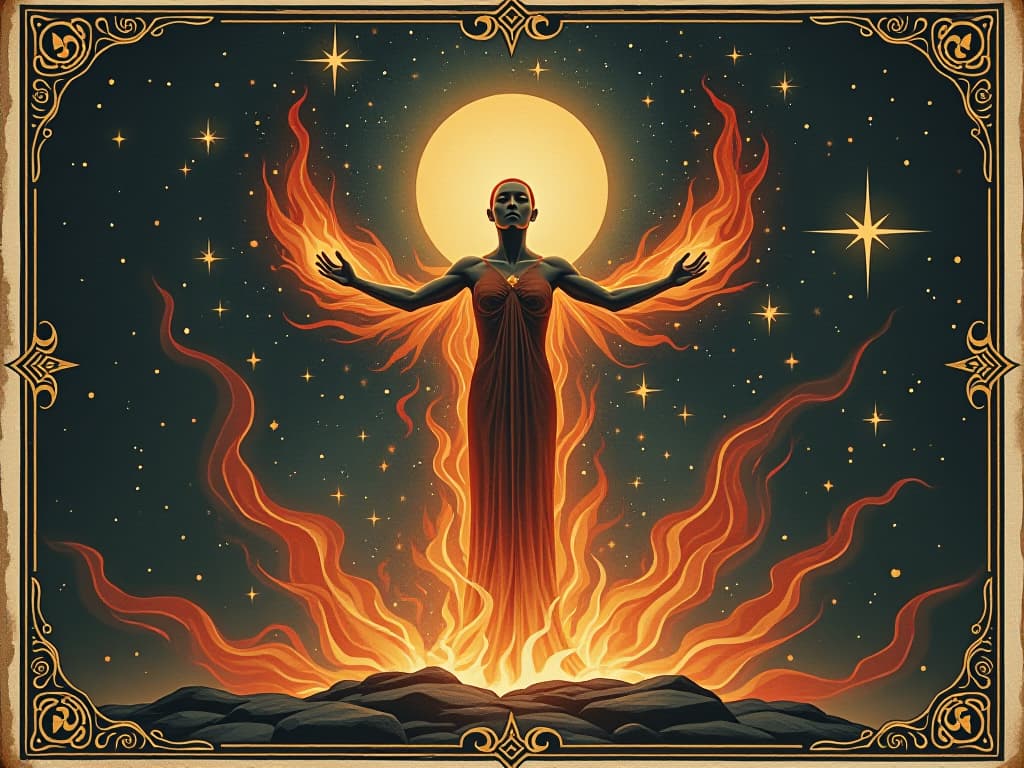  an ethereal figure being forged in cosmic flames, stars and nebulas swirling around, figure taking shape, aura of celestial refinement and wisdom. an illustration in the style of a worn, mystical old tarot trump card, mysterious and elements of surrealism. the colors are muted, somber and eerie, but with contrast bring out an occult and esoteric vibe.