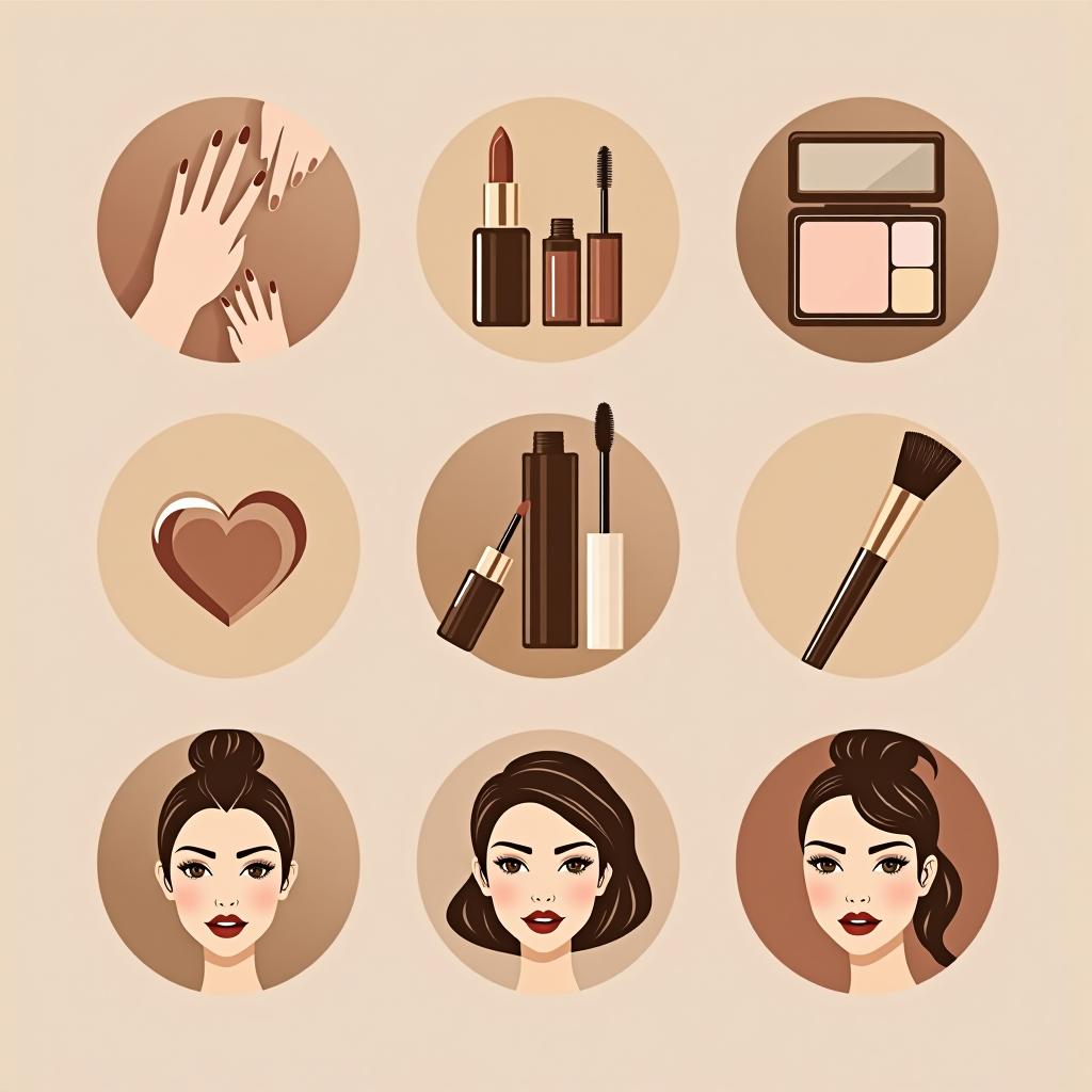  design a set of instagram highlight icons for a beauty shop, focusing on nails, makeup, hair, and face beauty. the color palette should consist of beige and browns, with gold details. the icons should have an elegant, luxurious feel, representing each service clearly, with gold accents adding a touch of glamour to the neutral background tones. , (logo:1.15), hq, hightly detailed, 4k