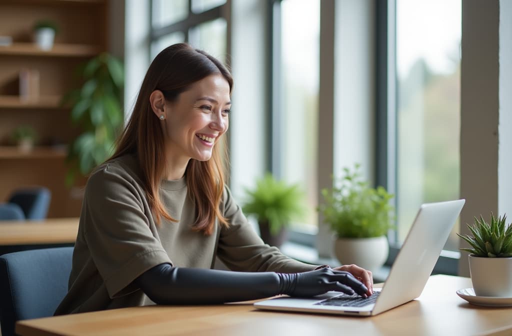  professional detailed photography, smiling woman with prosthetic arm sitting at table and working on laptop, bright modern interior, floor to ceiling windows ar 3:2, (muted colors, dim colors, soothing tones), (vsco:0.3)