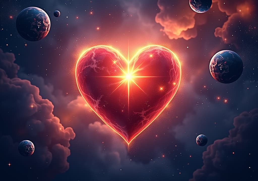  cosmic heart beating and shining through space and time, copy space, universal love, space for your text, spirituality and esoteric, illustration