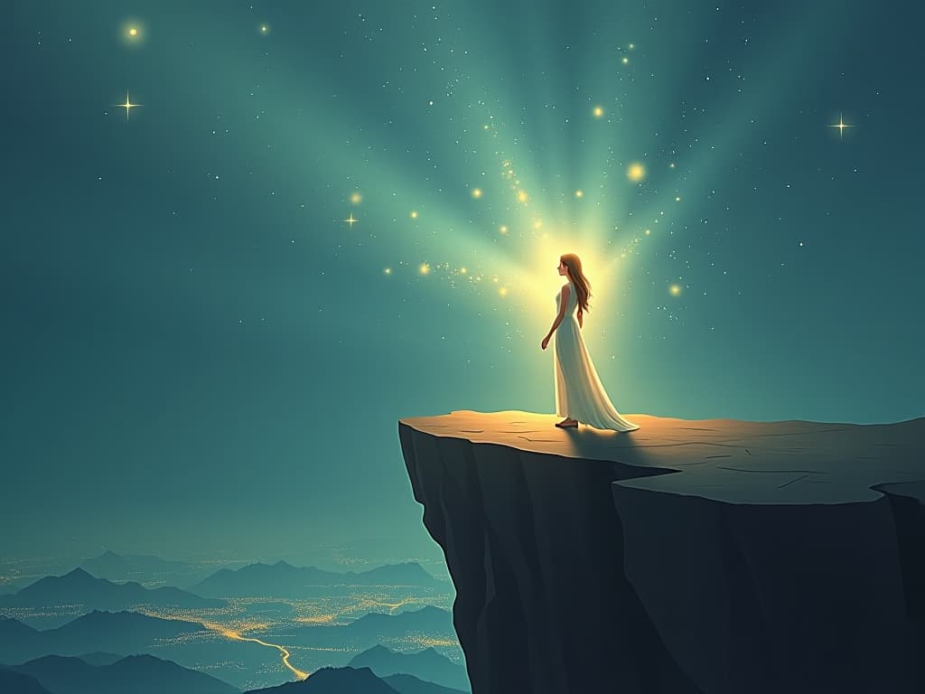  beacon of light emanating from an ethereal figure, standing on a cliff, glowing landscape below, aura of inspiration and guidance. the style is digital art illustration,highly detailed, whimsical,magical, dreamlike atmosphere, realism and fantasy blend, smooth, glossy textures,luminous quality, wonder and enchantment.