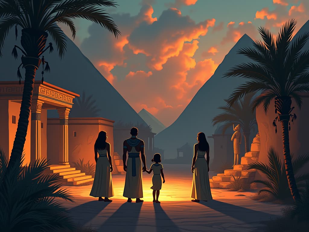  a serene egyptian village, with people subtly glowing, their simpler encounters holding deep significance. the style is digital art illustration / modern comic book / mysterious occult, symbolic, esoteric vibe,high detail on character design, incorporating ancient egyptian symbology and attire.