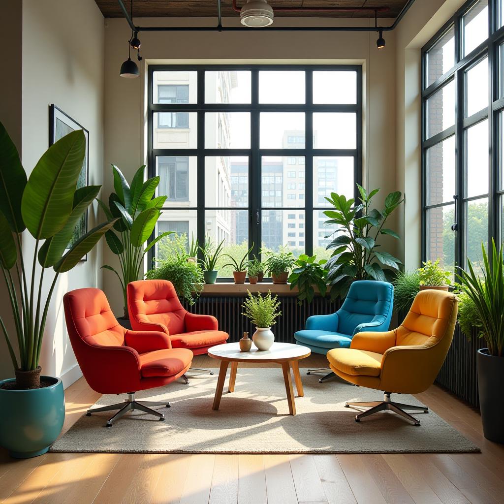  colorful armchairs and green plants bring energy to a modern office lounge, high quality, high details, hd, perfect composition, 4k epic detailed, highly detailed, sharp focus, high resolution