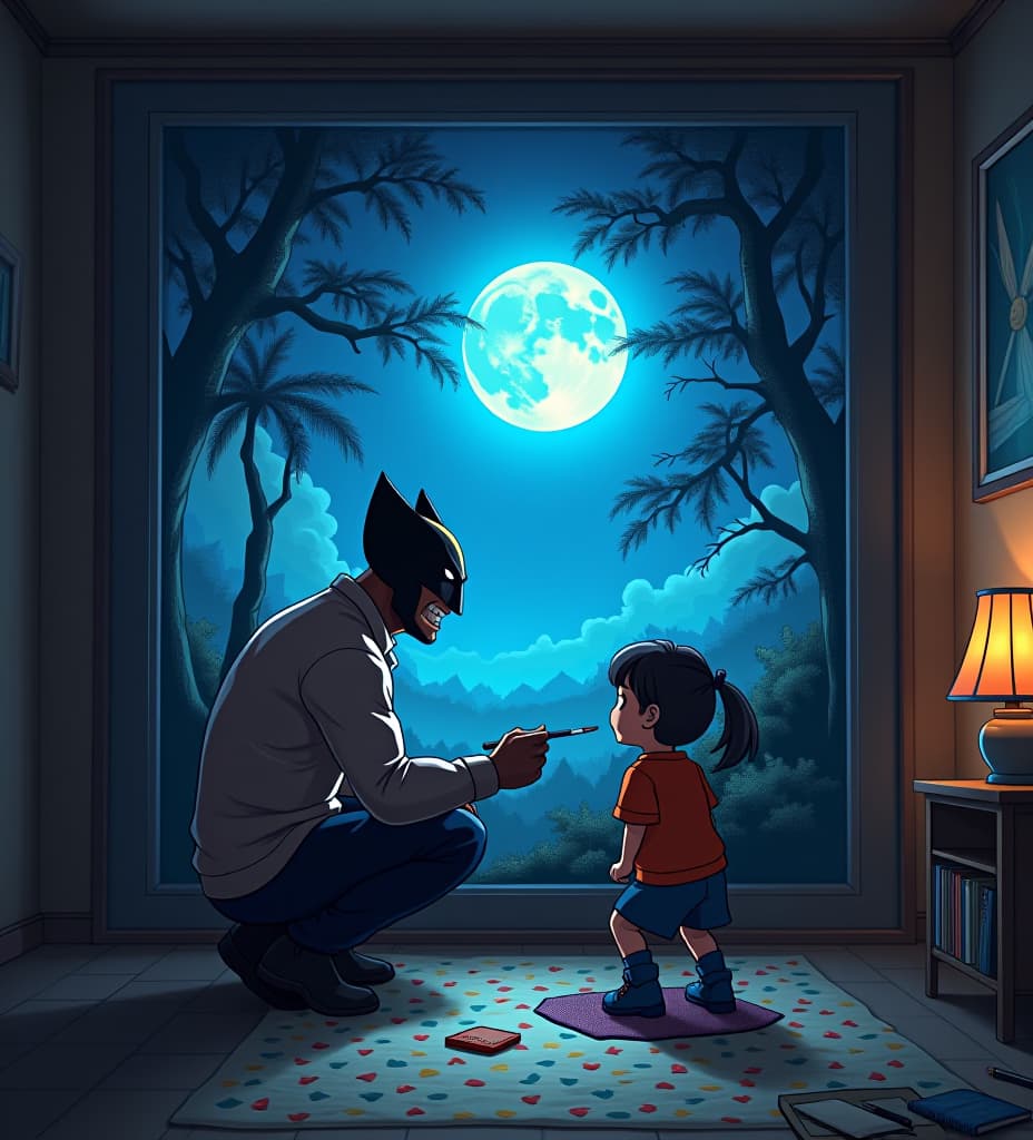  anime, anime sytle, anime image, cartoon, real cartoon, real anime, "generate a hyper realistic, ultra detailed 4k/8k image “wolverine was painting a night nature scene but the painting was destroye, background painting room."