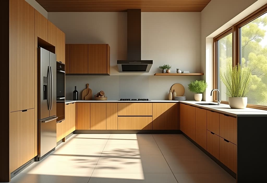  a landscape photo of a sleek, modern kitchen with bamboo cabinets, energy efficient appliances, and large windows allowing natural light to flood the space, showcasing eco friendly design elements hyperrealistic, full body, detailed clothing, highly detailed, cinematic lighting, stunningly beautiful, intricate, sharp focus, f/1. 8, 85mm, (centered image composition), (professionally color graded), ((bright soft diffused light)), volumetric fog, trending on instagram, trending on tumblr, HDR 4K, 8K