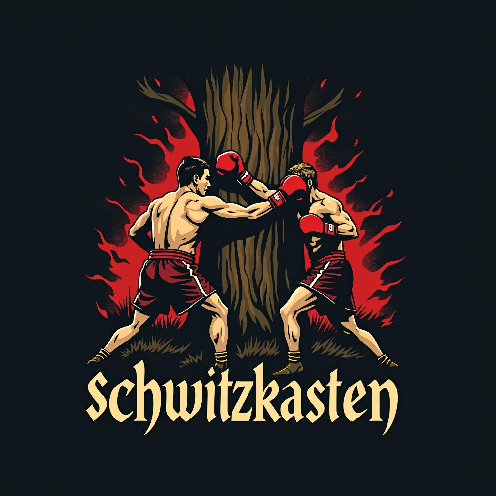  design a logo, in a realism style. zwei deutsche boxkämpfer im kampf unter dem eichenbaum, with the text 'schwitzkasten'.