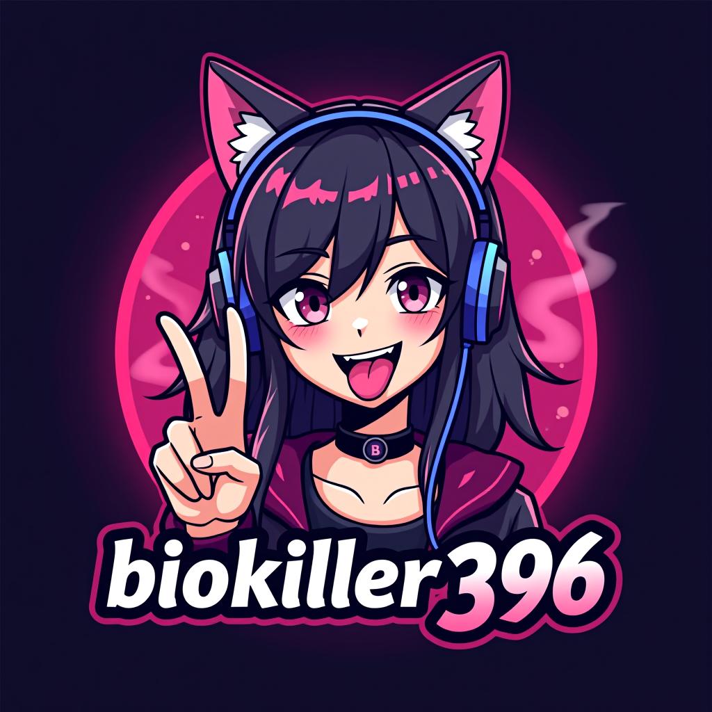  design a logo, gamer girl with cat ears with her tongue out with a peace sign with smoke and pink lights, with the text 'biokiller396'.