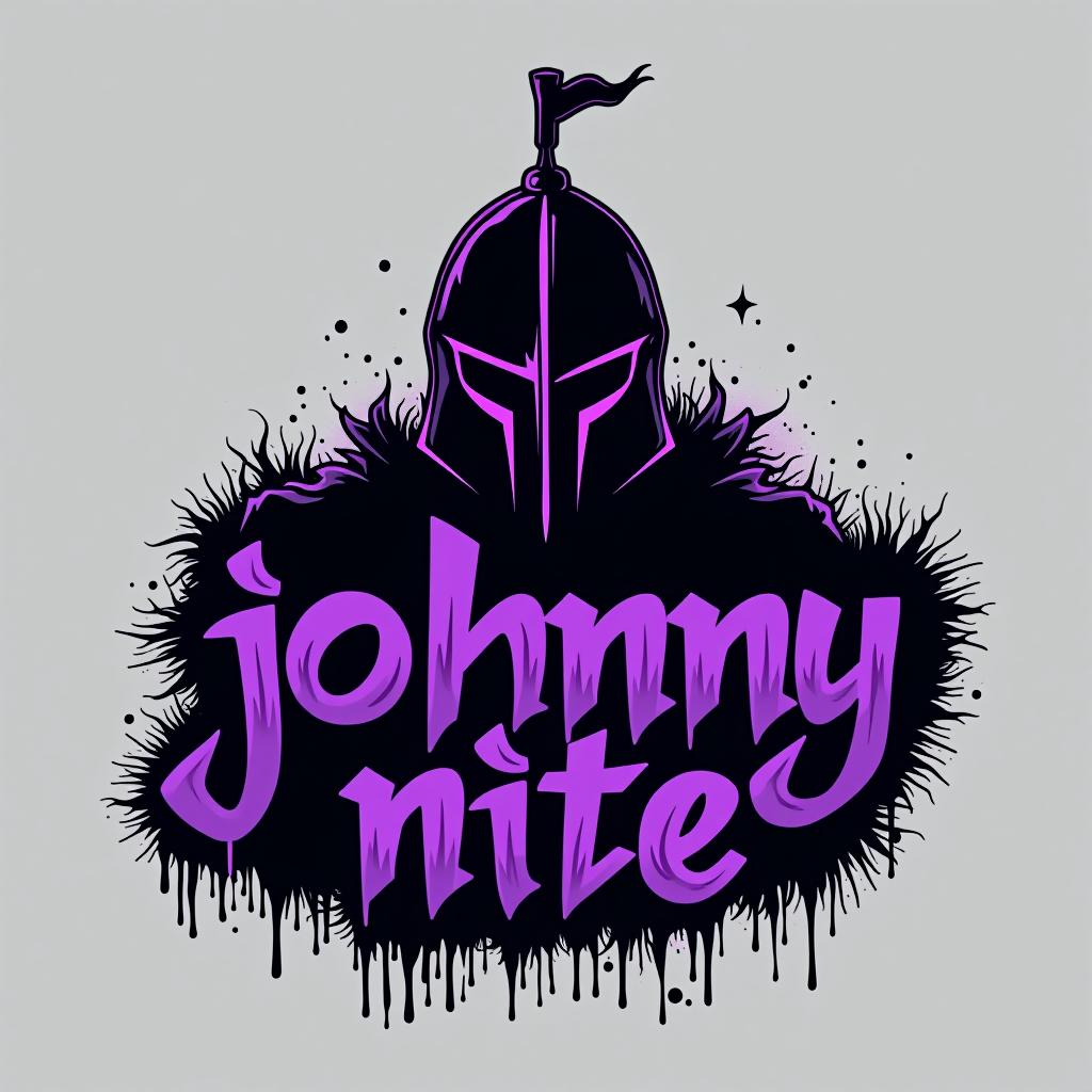  design a logo, in a surrealism style. knight black and purple graffiti capitals, with the text 'johnny nite'.