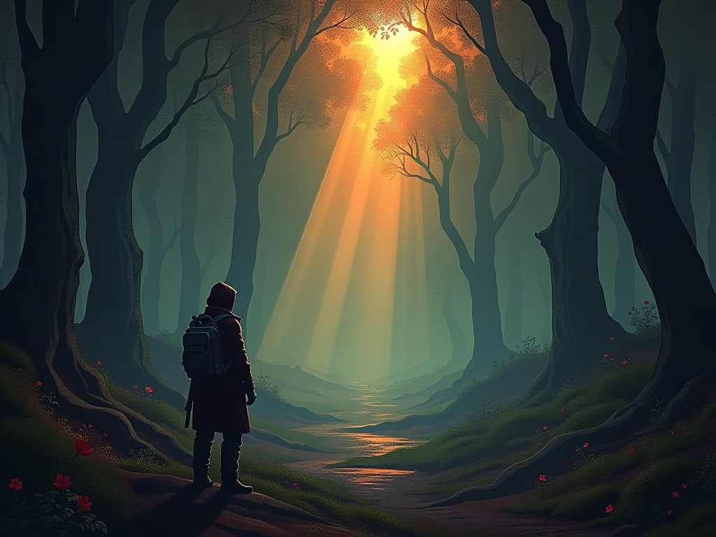  an adventurer standing at the edge of a vast, unexplored forest. sunbeams penetrating through dense foliage, unknown paths, sense of wonder and anticipation.. the style is dark fantasy and mysterious occult, symbolic, moody lighting, esoteric vibe,high detail on character design. for the color scheme emphasize blacks and reds.