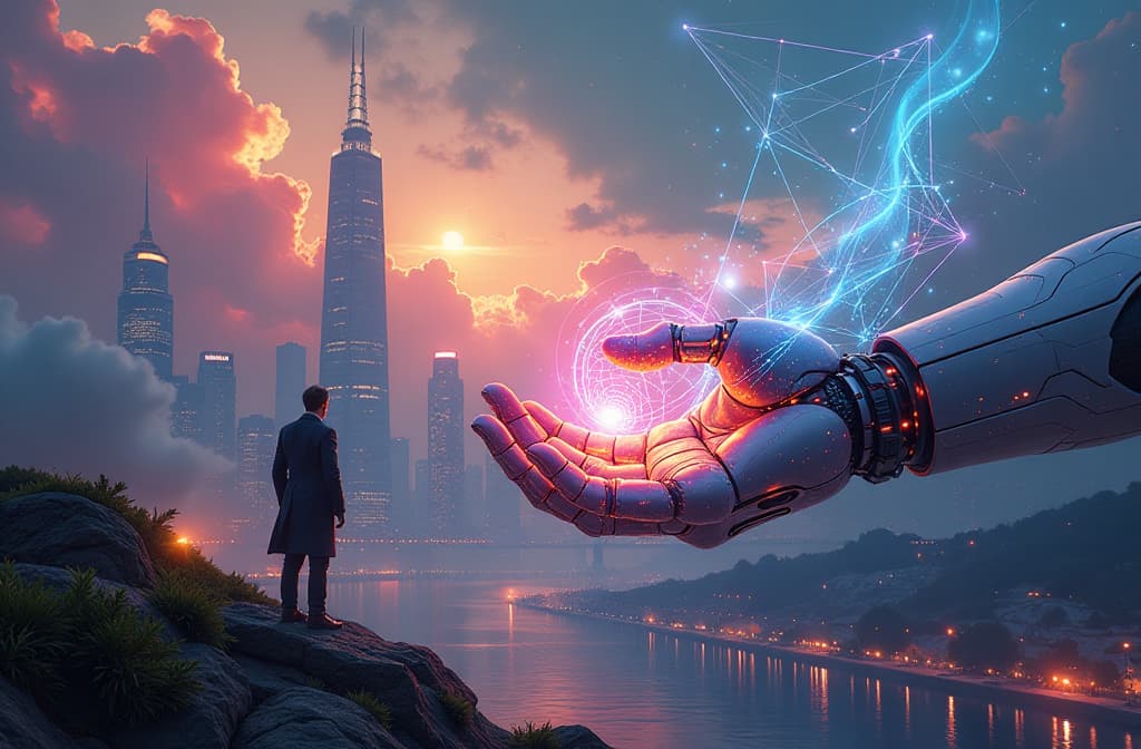  "an abstract representation of a futuristic cityscape, where vibrant colors blend and swirl, symbolizing the fusion of technology and creativity. in the foreground, a colossal robotic hand gently crafts intricate, glowing patterns from streams of light, as digital landscapes and holographic elements emerge around it. above, a sky filled with floating geometric shapes and ethereal networks, suggesting the interconnectivity of artificial intelligence and artistic imagination." hyperrealistic, full body, detailed clothing, highly detailed, cinematic lighting, stunningly beautiful, intricate, sharp focus, f/1. 8, 85mm, (centered image composition), (professionally color graded), ((bright soft diffused light)), volumetric fog, trending on instagram, trending on tumblr, HDR 4K, 8K