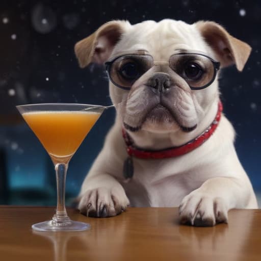 A dog drinking a martini while using a cell phone in Cinematic style with Space background