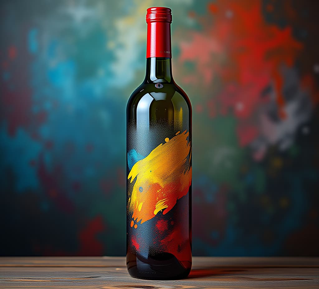  a bottle of wine painted with colorful paints handmade, high quality, high details, hd, perfect composition, 4k epic detailed, highly detailed, sharp focus, high resolution