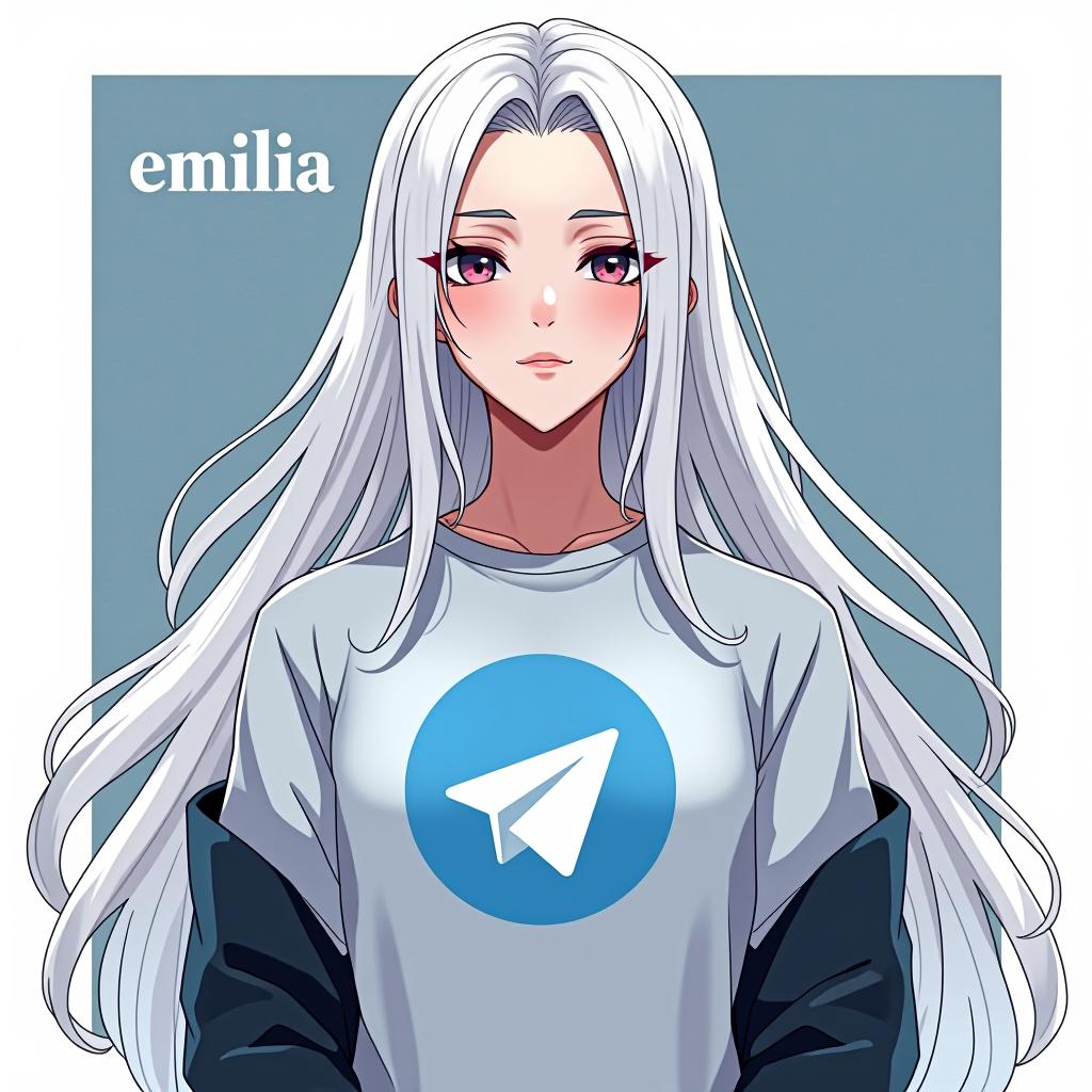  create an image of a character inspired by emilia from re:zero, featuring long white hair and an elegant appearance. the character should be wearing a shirt with the telegram logo, embodying peace and serenity. the design should be background, and include the name 'emilia' in a stylish font