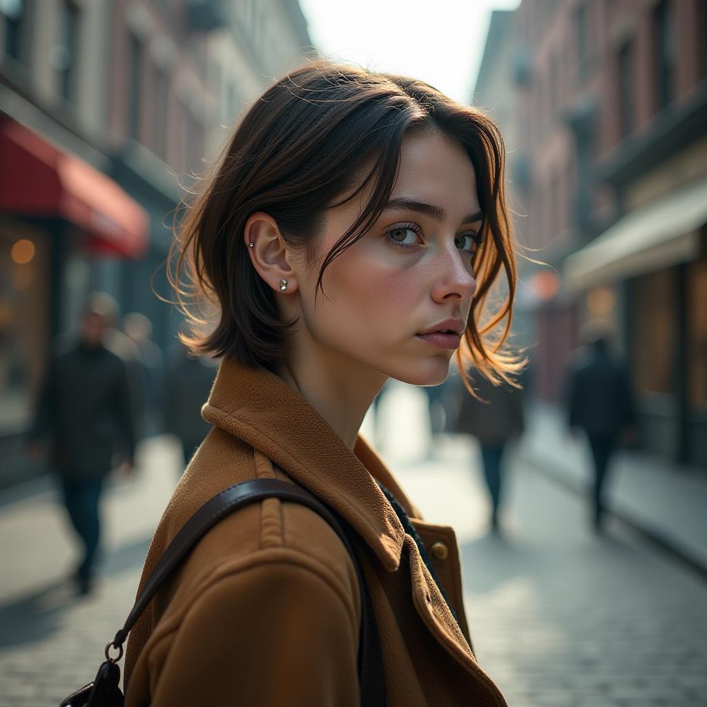  a brunette girl with short hair and two piercings in each ear is walking around the city in a van gogh style. hyperrealistic, full body, detailed clothing, highly detailed, cinematic lighting, stunningly beautiful, intricate, sharp focus, f/1. 8, 85mm, (centered image composition), (professionally color graded), ((bright soft diffused light)), volumetric fog, trending on instagram, trending on tumblr, HDR 4K, 8K