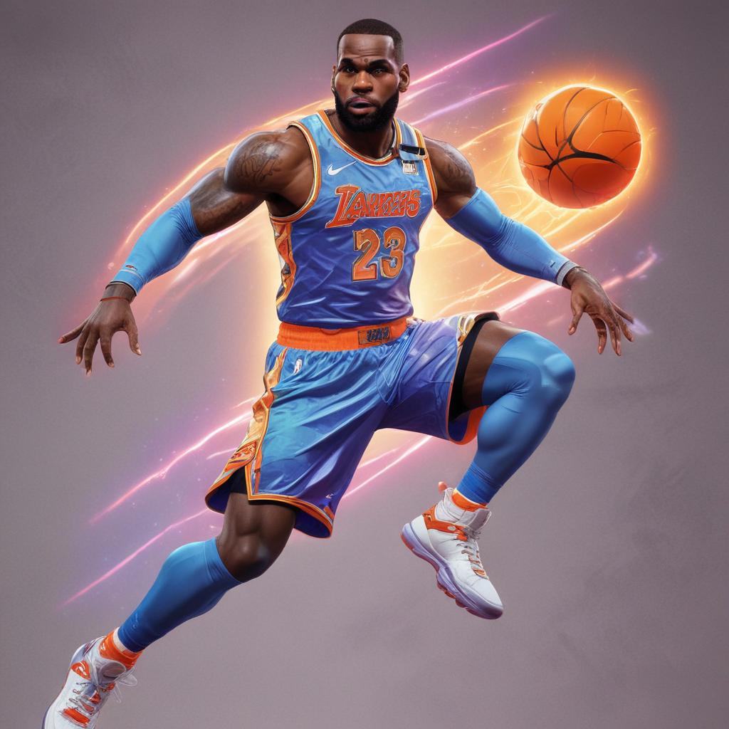 distance-shot, flashy, full-body, dynamic, holographic, animated cartoon poster of lebron james in the style of dragon ball super