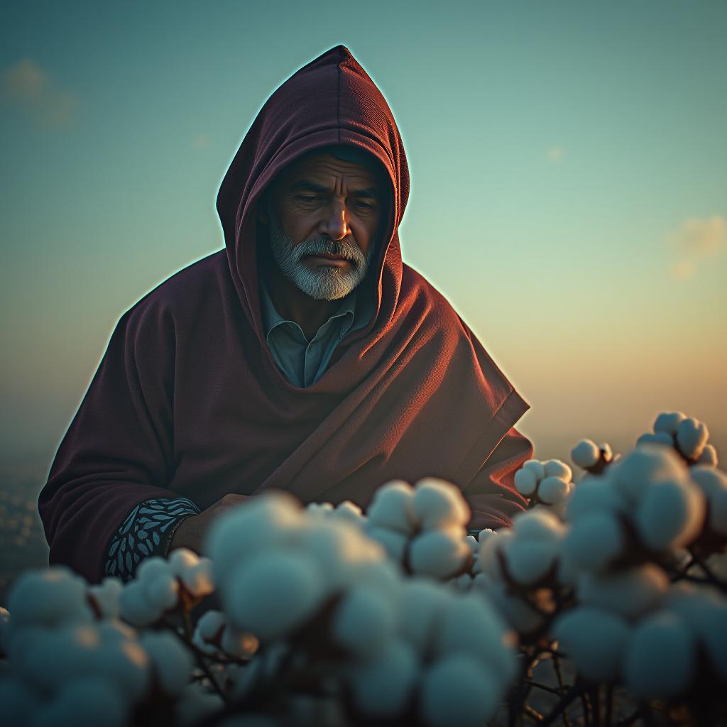  cotton harvester hyperrealistic, full body, detailed clothing, highly detailed, cinematic lighting, stunningly beautiful, intricate, sharp focus, f/1. 8, 85mm, (centered image composition), (professionally color graded), ((bright soft diffused light)), volumetric fog, trending on instagram, trending on tumblr, HDR 4K, 8K