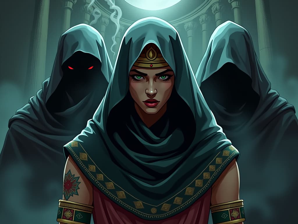  negative figures cloaked in shadows, whispering, their words like tendrils of smoke, seeping into the central figure's soul, leaving a hollow, exhausted look on the face. the style is digital art illustration / modern comic book / mysterious occult, symbolic, esoteric vibe,high detail on character design, incorporating ancient egyptian symbology and attire.