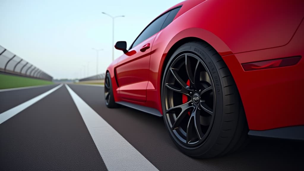  a red sports car with a black tire is parked on a racetrack