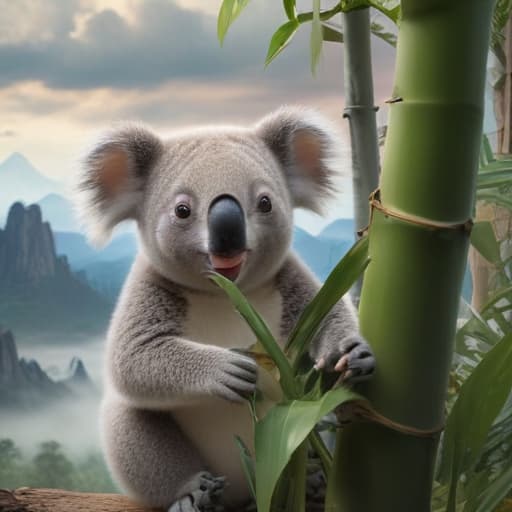 A cute koala eating a bamboo leaf in a fantastical, imaginary forest. with Mountains background