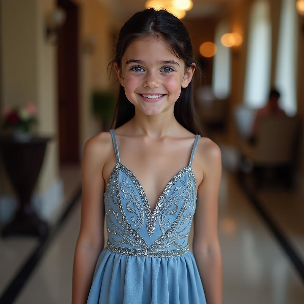  a full body image of a stunning old ist girl wearing a tight silver blue dress to her first dance at a ist resort. the gorgeous ’s blue eyes sparkle, drawing attention to her adorable like face and enchanting smile. the dress is tied around her neck and the neckline plunges dramatically below her young waist, the inner and outer edges of her pert age s. the dress of the is slit from her slim waist to the floor, the full length of her shapely youthful legs. the gorgeous 's long, black hair is pulled into a glossy ponytail that cascades down her fully bare back. the barely age girl is wearing matching high heels. her 13 