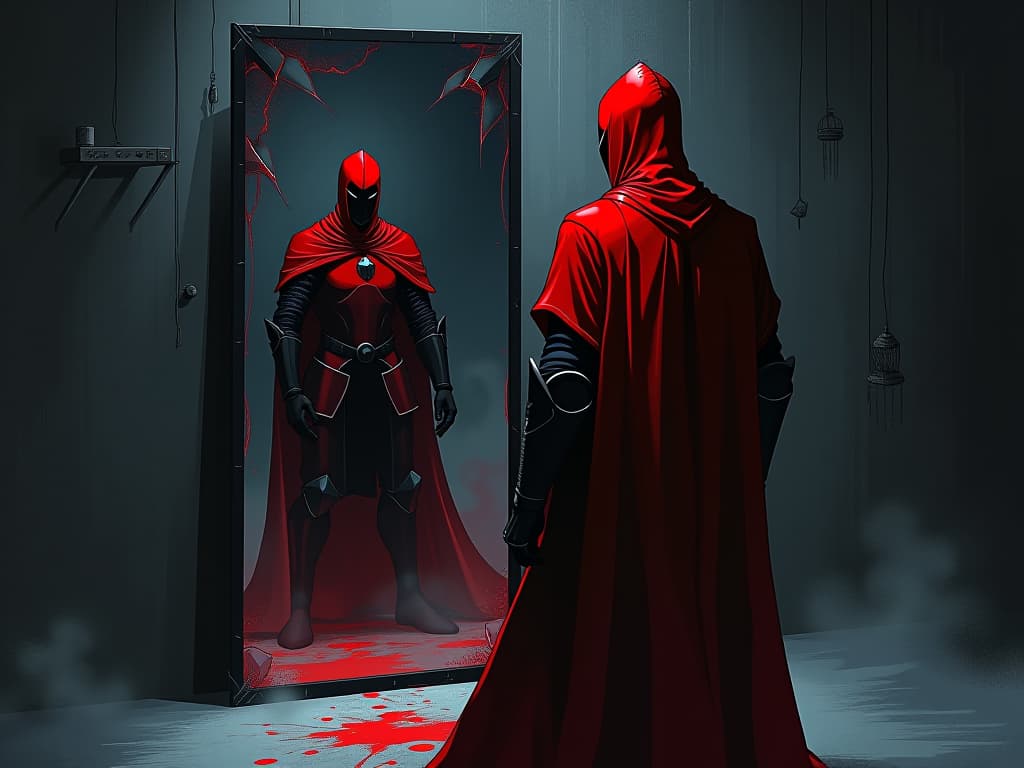  solitary knight in red armor, reflecting in shattered mirror, dark aura of self realization. the style is digital art illustration / modern comic book / graphic dark novel fantasy and mysterious occult, symbolic, moody lighting, esoteric vibe,high detail on character design. for the color scheme emphasize blacks and reds.