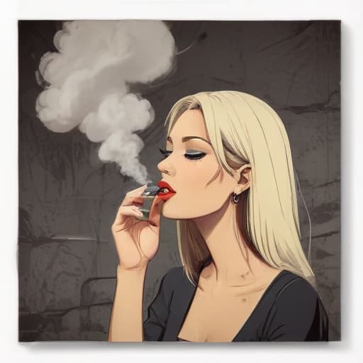 Beautiful woman with straight hair smoking cigarette and blowing the smoke in Cartoon style with Old Wall background