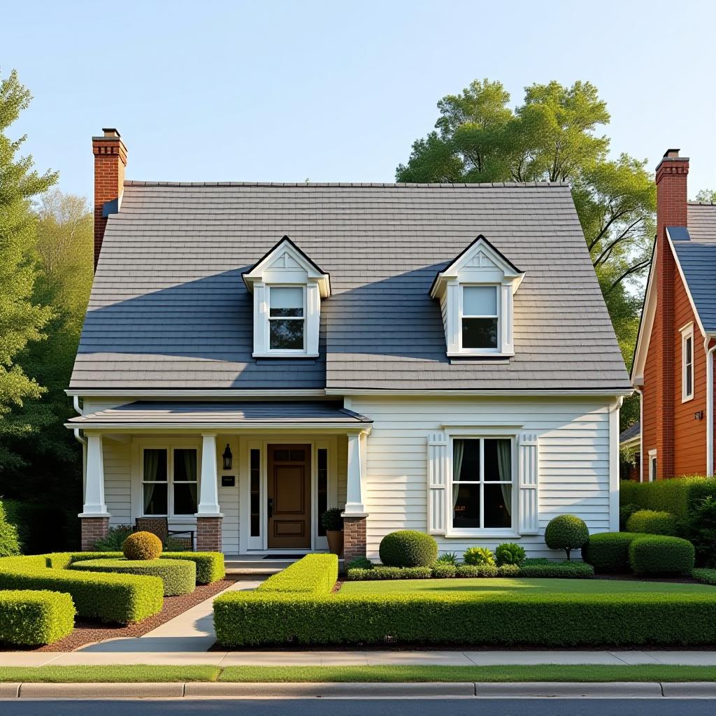  a two story house in a cottage village with gray ribbed concrete tiles.