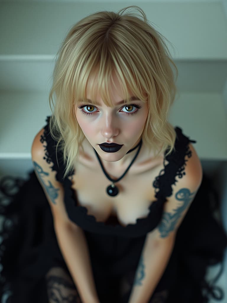  best quality:1.4) (photorealistic:1.3) (masterpiece) (a french goth girl with blonde hair. short wavy hair. black lace dress and black choker on her neck. blackwork tattoo on her arm and black pendant on her neck. sitting on white stairs. emo makeup with black lipstick. looking at the camera. pale skin and brown eyes. from above. photograph, realistic, higly detailed, bellow perspective, dim colors, shot, 100mm. midjourneyv6.1, detailmaximizer, goth girl)