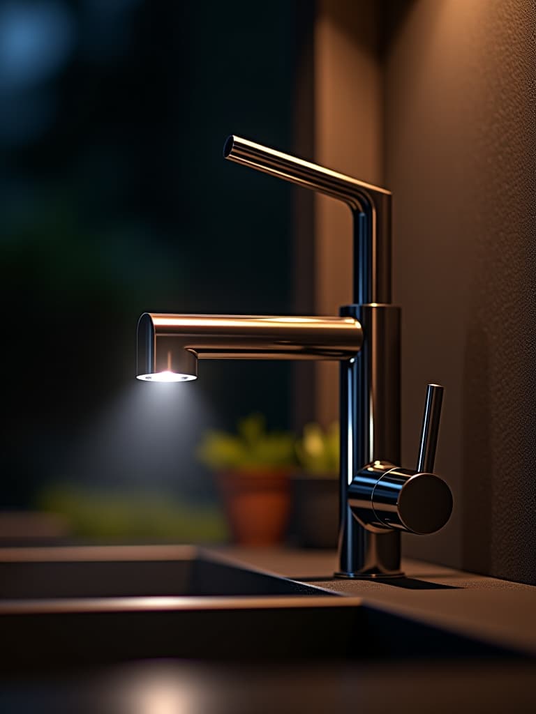  high quality portrait photo of an artistic close up of a contemporary outdoor kitchen faucet with a small, focused led spotlight highlighting its sleek design against a dark background hyperrealistic, full body, detailed clothing, highly detailed, cinematic lighting, stunningly beautiful, intricate, sharp focus, f/1. 8, 85mm, (centered image composition), (professionally color graded), ((bright soft diffused light)), volumetric fog, trending on instagram, trending on tumblr, HDR 4K, 8K