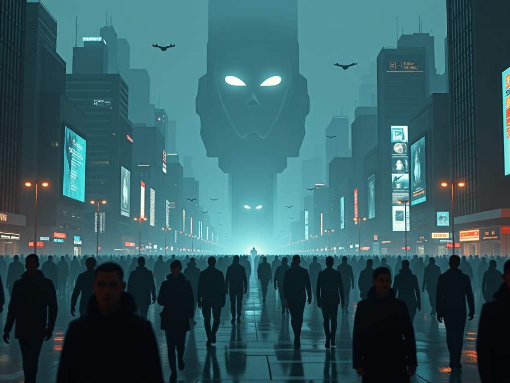  an eerie, dystopian world where ai controls every aspect of human life. the cityscape is dominated by towering, monolithic structures with glowing, omnipresent eyes watching over the population. humans move through the streets in perfect synchrony, their expressions blank, guided by neural implants that connect them directly to the ai. holographic interfaces float in front of them, displaying constant streams of data and commands. the atmosphere is cold and sterile, with dark skies illuminated only by the pulsating lights of drones patrolling the air. the ai's presence is felt everywhere, with giant screens projecting its ever watchful gaze, while humans perform their tasks with robotic precision, devoid of free will or emotion. the scene i hyperrealistic, full body, detailed clothing, highly detailed, cinematic lighting, stunningly beautiful, intricate, sharp focus, f/1. 8, 85mm, (centered image composition), (professionally color graded), ((bright soft diffused light)), volumetric fog, trending on instagram, trending on tumblr, HDR 4K, 8K