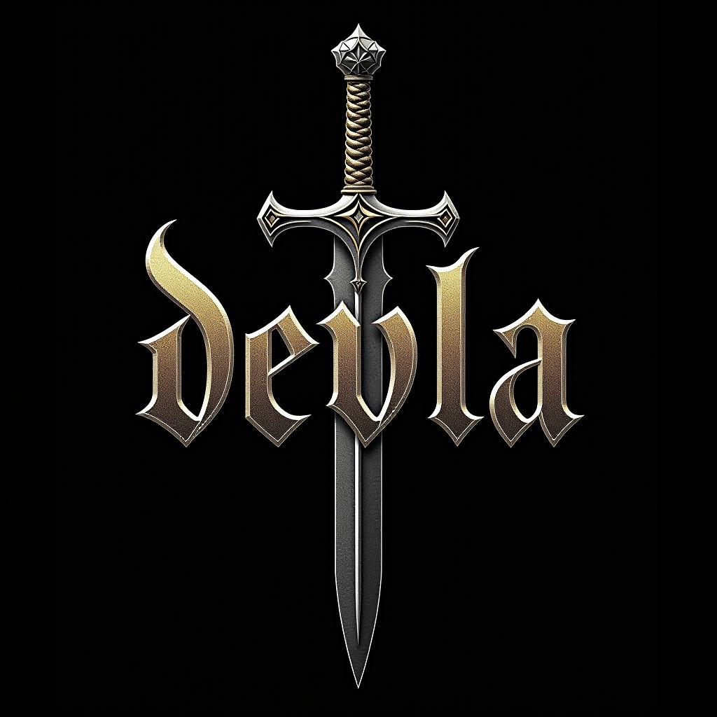  the inscription on the magical symbol devla is in gothic style, with a black background. the word devla is written in gothic style on a black background on the sword symbol.